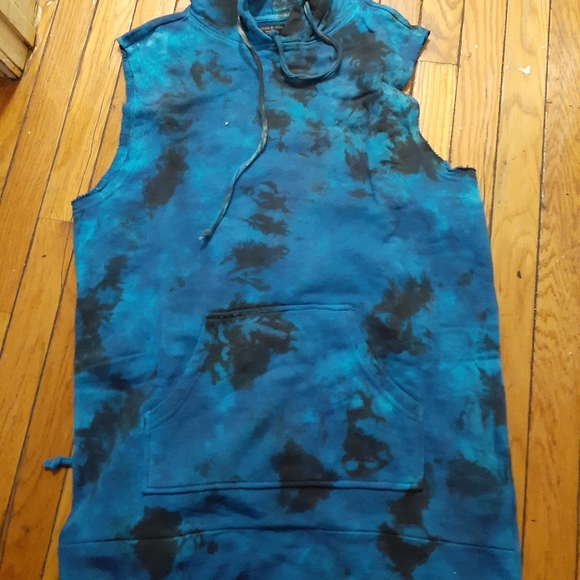 Tye Dye blue Sleeveless distressed oversize hoodie - Picture 3 of 4